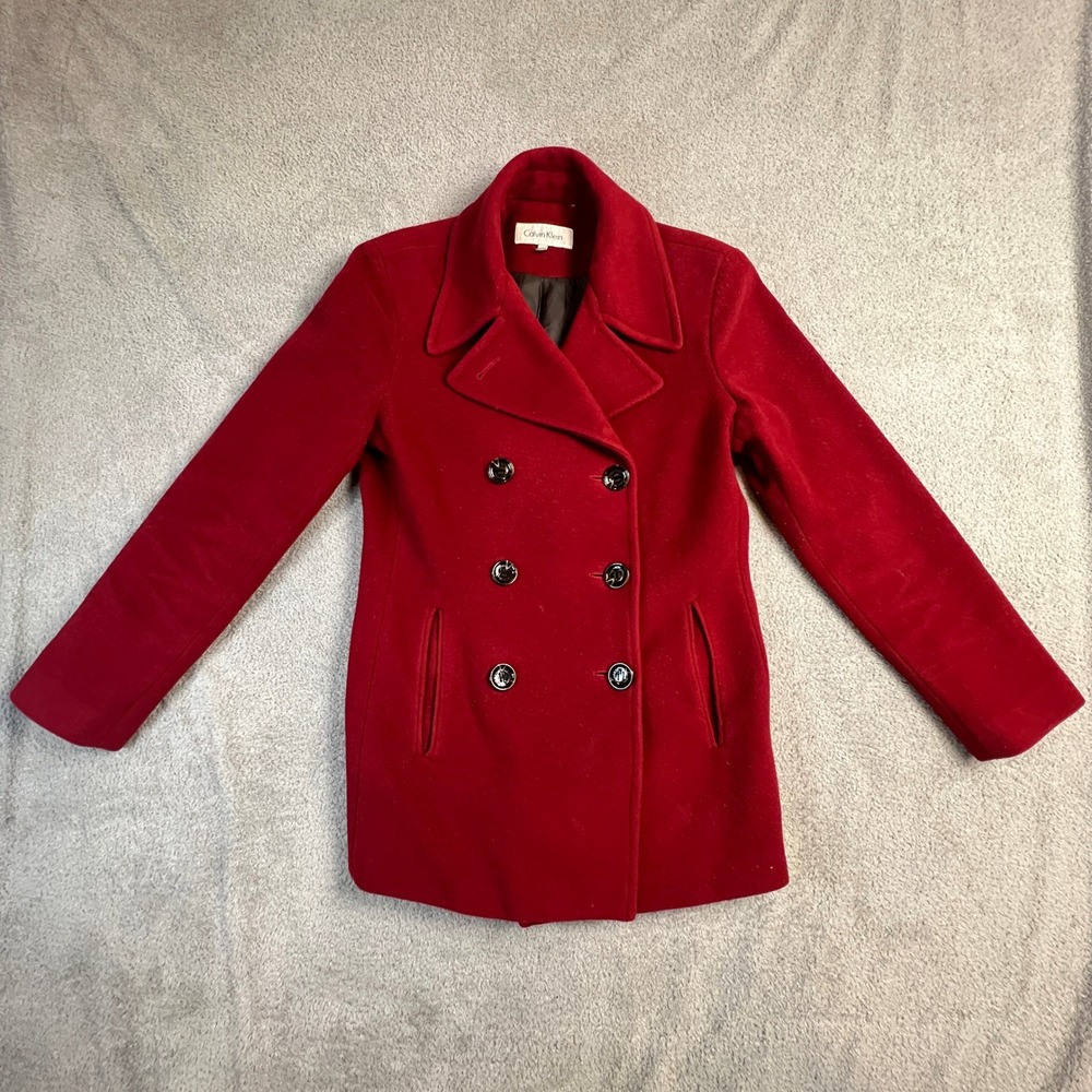 Calvin Klein Pea Coat Women's Size 4 Red‎ Wool Cashmere Blend Double Breasted